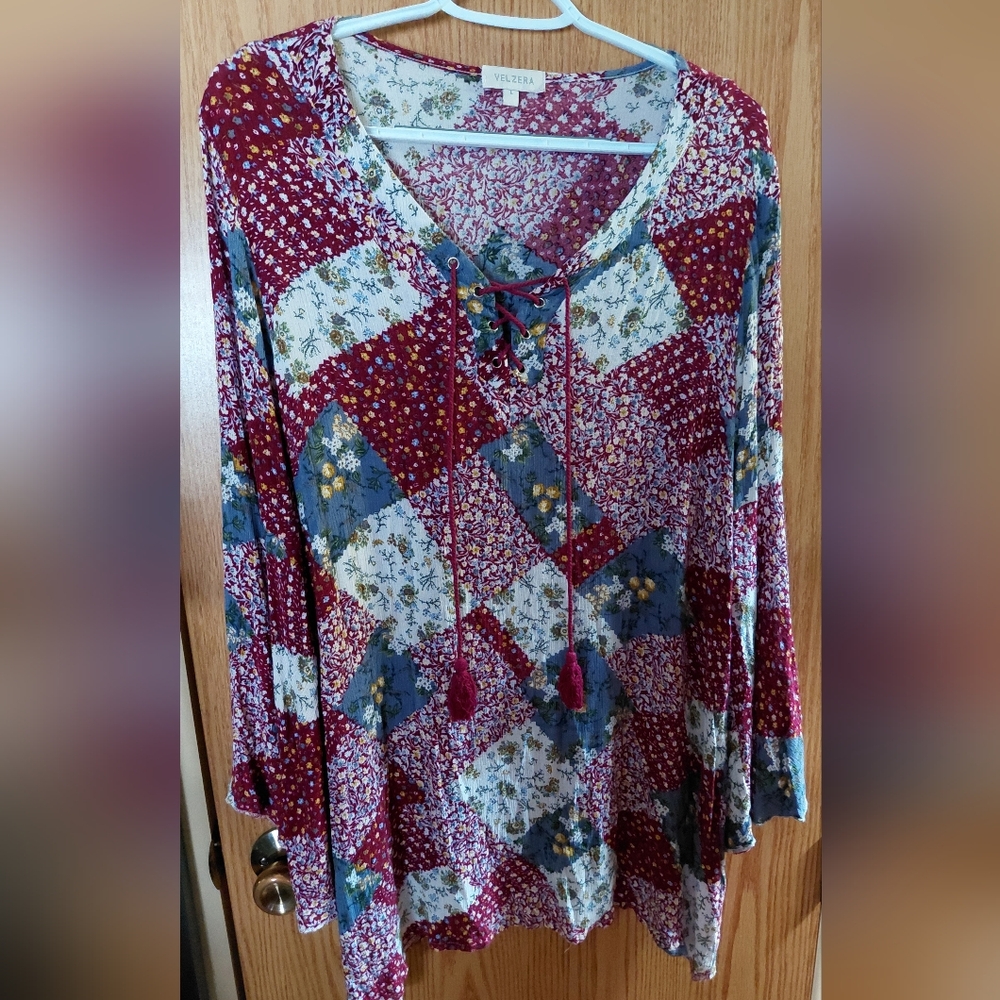 Velzera Multicolor Patchwork Lace-Up Large Blouse - image 1